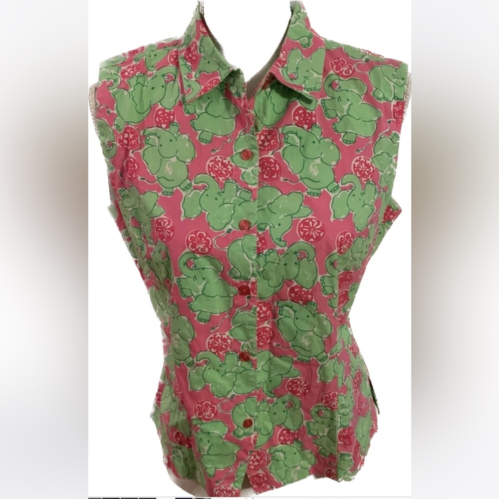 Women’s Key West sleeveless top with pink & green elephants size Small